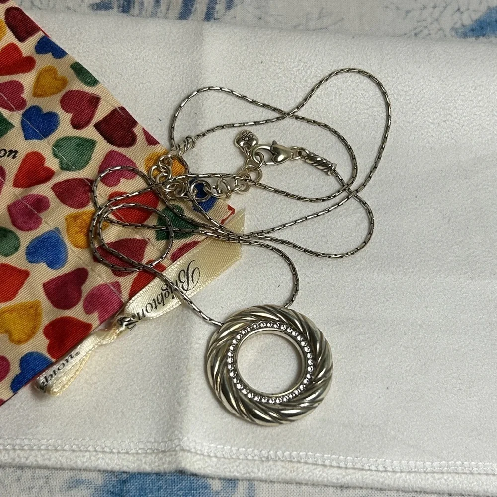 Brighton Inner Circle Pendant Necklace Silver Plated Crystals Two-tone Cloth Bag